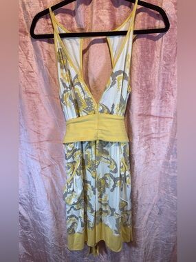 Kersh Yellow and Gray Floral Midi Dress with Wide Waistband